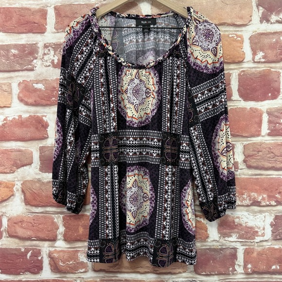 Style & Co Top Women's Large Black Multicolor Boho Floral Medallion Tunic Shirt - Picture 6 of 8